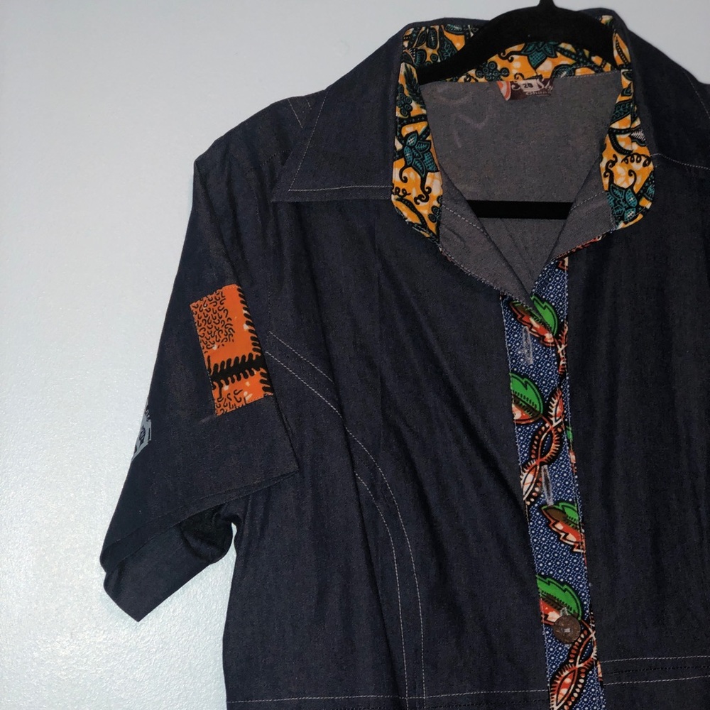 Denim and Dashiki Print Dress